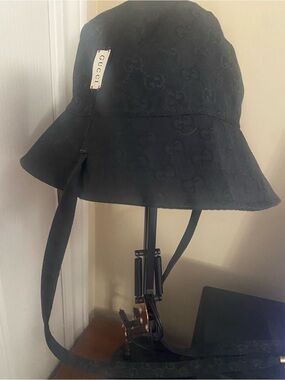 Gucci Black Monogram Bucket Hat with Chin Straps